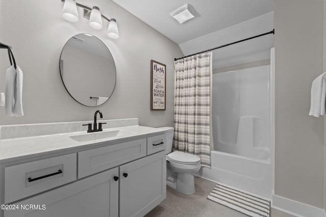 full bathroom with vanity, toilet, tile patterned floors, and shower / bath combo with shower curtain