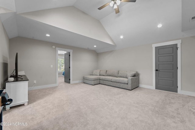 carpeted living room with lofted ceiling and ceiling fan