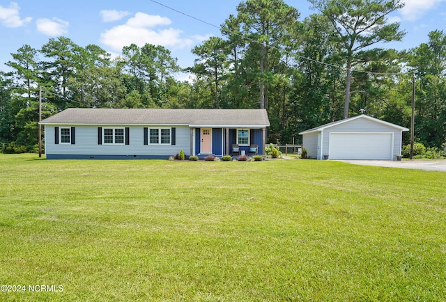 ranch-style house with a garage, a front lawn, crawl space, and an outdoor structure