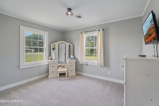 unfurnished bedroom with multiple windows, light carpet, and crown molding