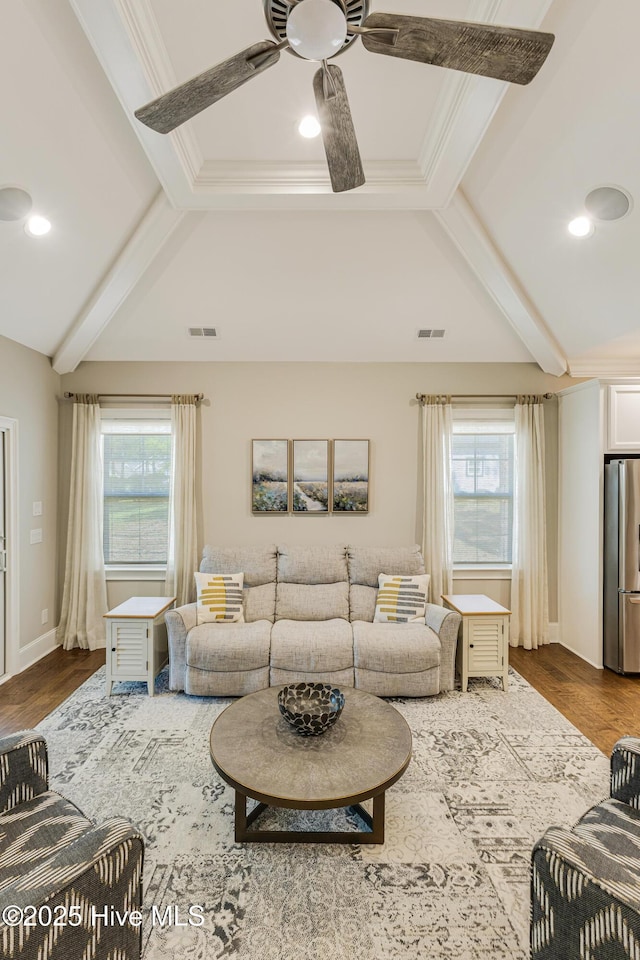 600 Planters Ridge Dr, Sunset Beach, NC 28468 - living room with a healthy amount of sunlight, ceiling fan, lofted ceiling with beams, and visible vents