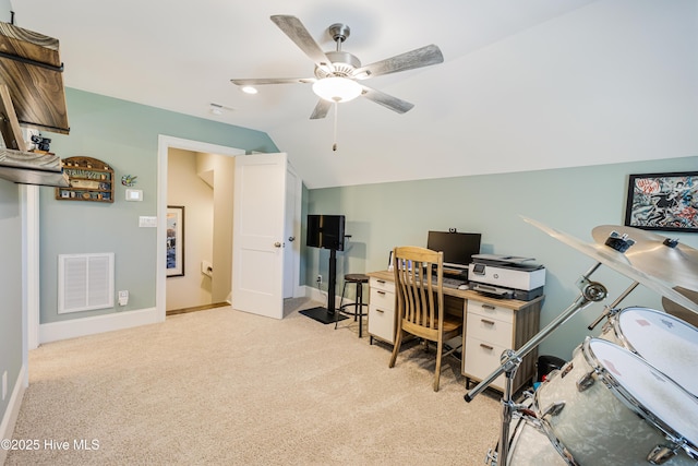 600 Planters Ridge Dr, Sunset Beach, NC 28468 - office with ceiling fan, light colored carpet, visible vents, vaulted ceiling, and baseboards
