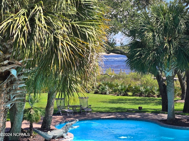 view of swimming pool featuring a lawn and a water view