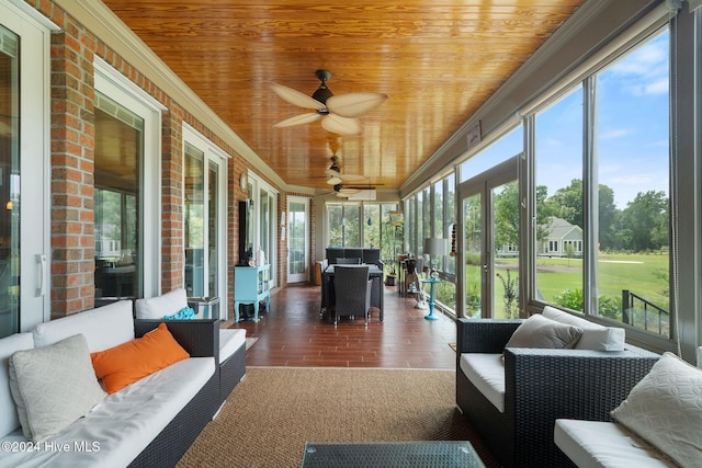 sunroom featuring ceiling fan and wooden ceiling