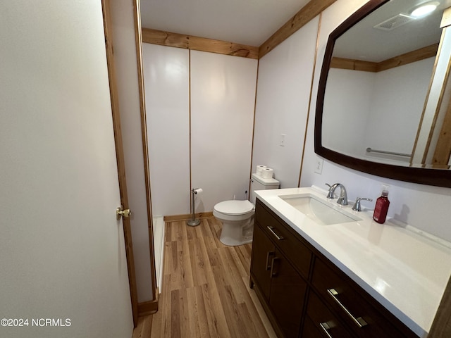 bathroom with toilet, vanity, and hardwood / wood-style flooring