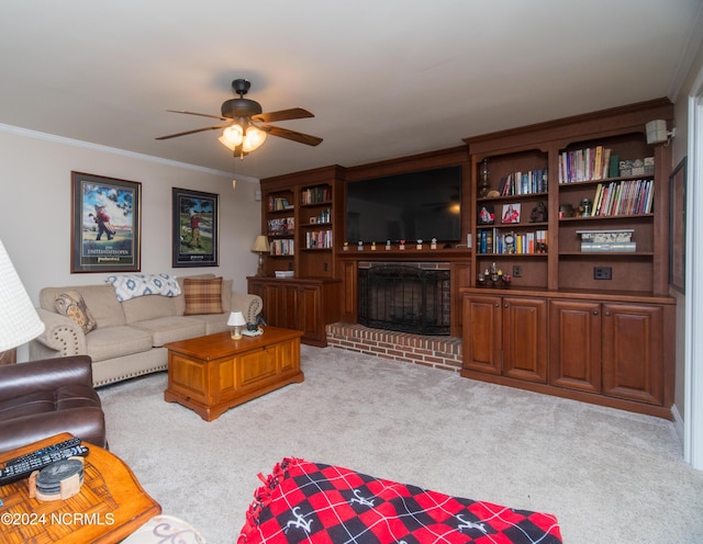 carpeted living room featuring ceiling fan, a brick fireplace, and ornamental molding