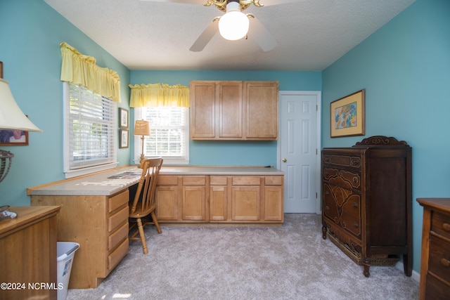 office area featuring a textured ceiling, ceiling fan, and light carpet