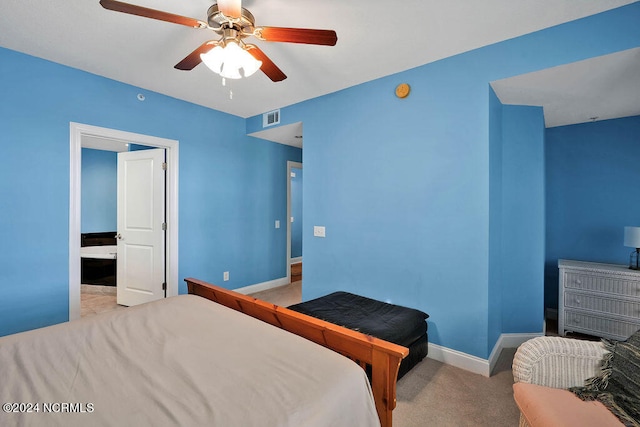 bedroom with light colored carpet and ceiling fan