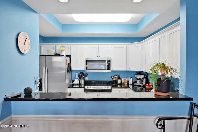 kitchen featuring stainless steel appliances, white cabinetry, kitchen peninsula, and a tray ceiling