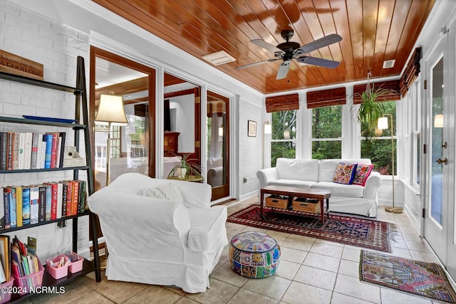 sunroom featuring wood ceiling and ceiling fan