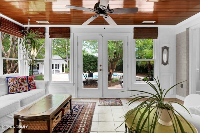 sunroom featuring french doors, ceiling fan, and wooden ceiling