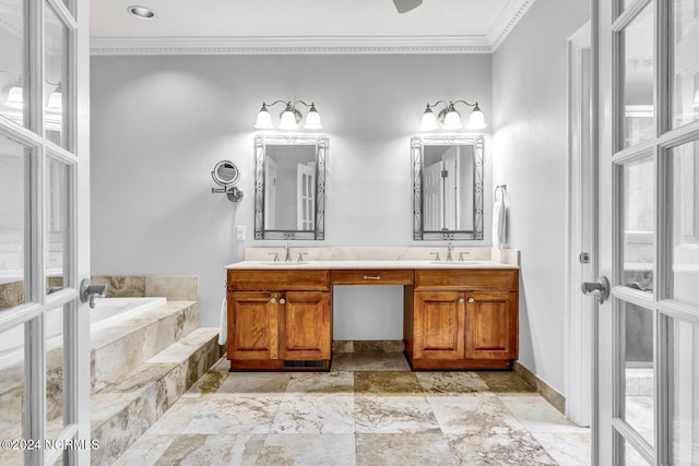 bathroom with vanity, french doors, crown molding, tile patterned floors, and tiled tub