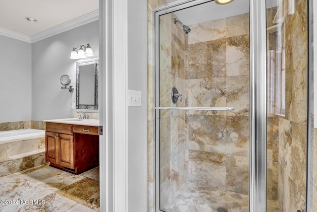 bathroom with vanity, separate shower and tub, and tile patterned floors