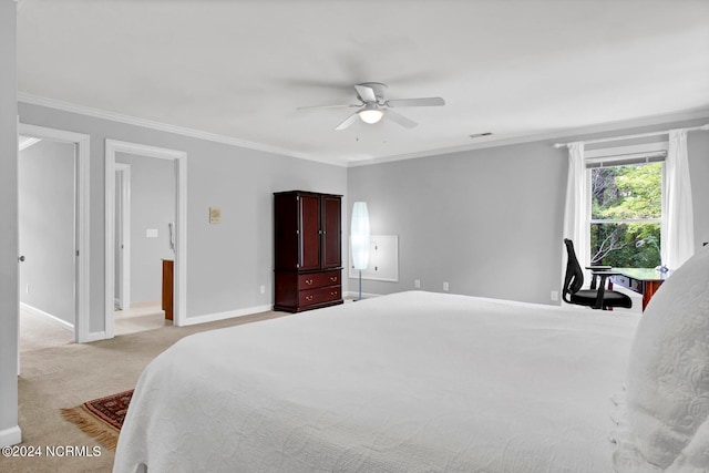 bedroom featuring light carpet, ornamental molding, and ceiling fan