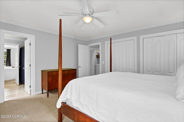 bedroom featuring light carpet, ornamental molding, two closets, and ceiling fan