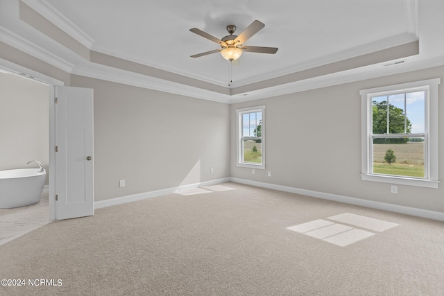 carpeted spare room featuring ceiling fan, a tray ceiling, and ornamental molding