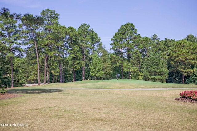 view of property's community featuring view of golf course and a yard