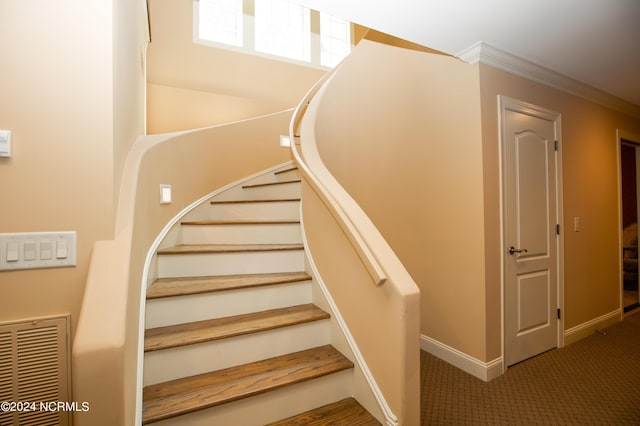 119 Saint Mellions Dr, Pinehurst, NC 28374 - stairs with crown molding, baseboards, carpet, and visible vents