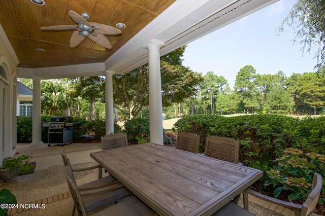 view of patio / terrace featuring ceiling fan, outdoor dining area, and a grill