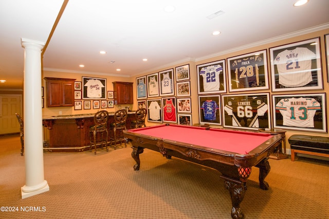 recreation room with ornamental molding, recessed lighting, indoor wet bar, and decorative columns