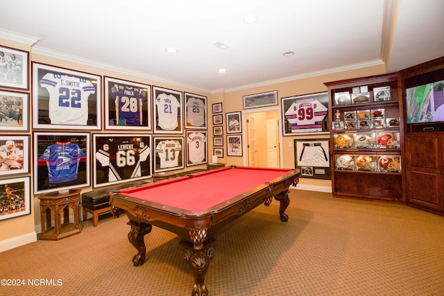 game room with carpet floors, pool table, recessed lighting, and crown molding