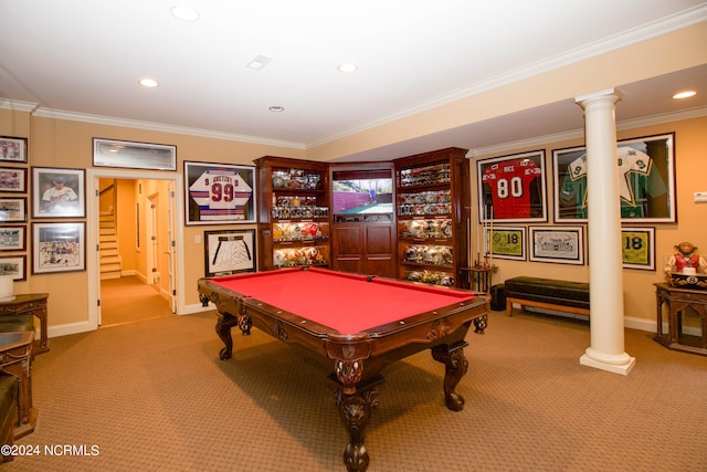 playroom featuring ornamental molding, carpet, baseboards, and ornate columns