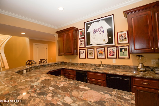 kitchen featuring dishwasher, recessed lighting, dark stone countertops, and crown molding