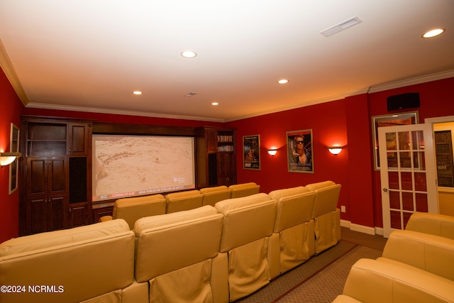 home theater with recessed lighting, visible vents, baseboards, and ornamental molding