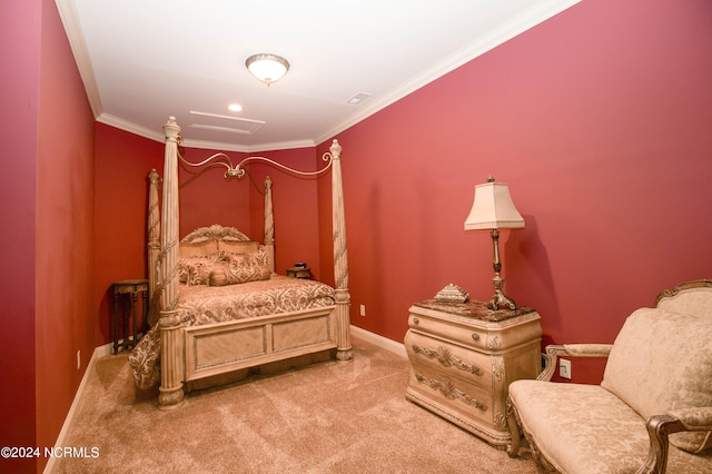 bedroom featuring light carpet, attic access, baseboards, and crown molding