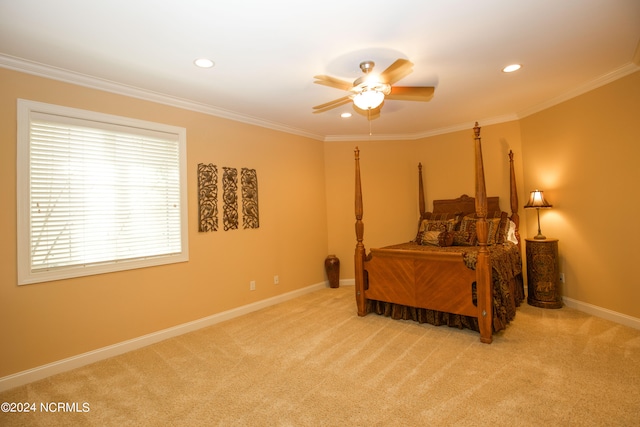 carpeted bedroom with baseboards, recessed lighting, a ceiling fan, and crown molding