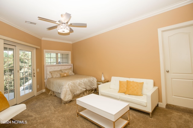 bedroom featuring carpet floors, visible vents, ornamental molding, access to outside, and baseboards