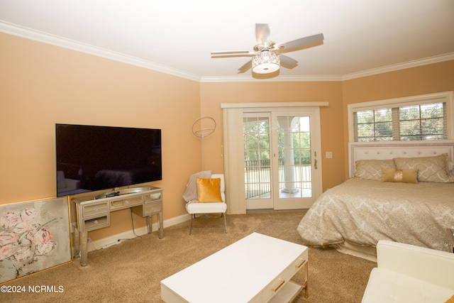 bedroom with baseboards, ceiling fan, access to exterior, crown molding, and carpet flooring