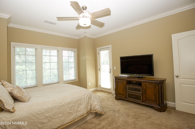 bedroom with light carpet, baseboards, visible vents, and crown molding