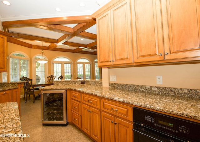 kitchen featuring wine cooler, beam ceiling, light tile patterned floors, light stone countertops, and coffered ceiling