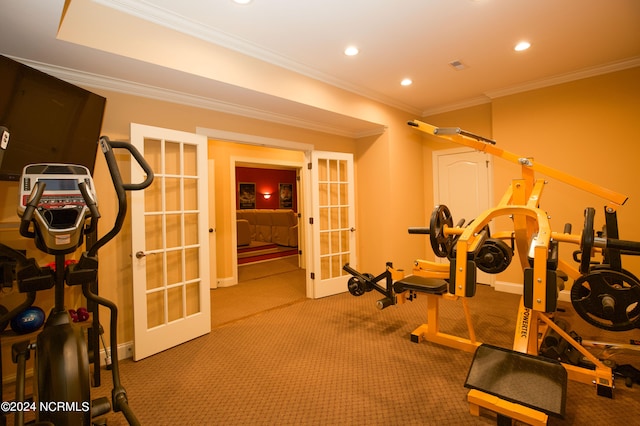 exercise area with recessed lighting, ornamental molding, and french doors