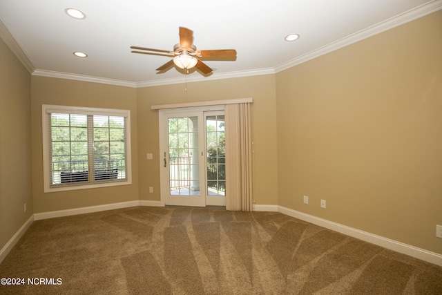 carpeted empty room with baseboards, ceiling fan, recessed lighting, and crown molding