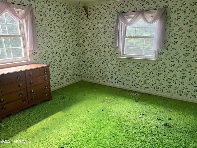 empty room with wallpapered walls, baseboards, and carpet flooring