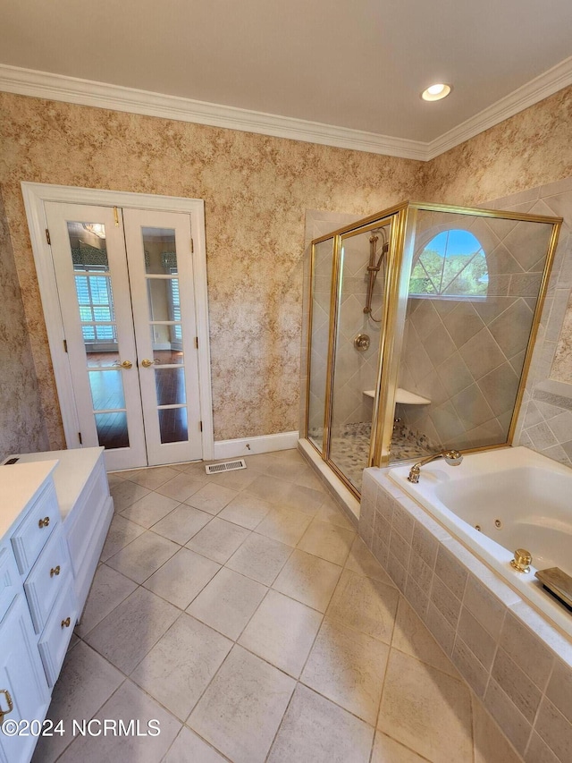 full bath featuring tile patterned floors, a stall shower, a jetted tub, french doors, and crown molding