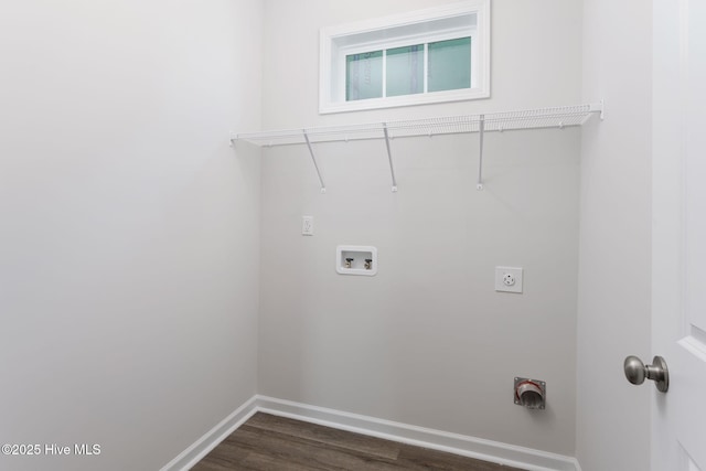 washroom with electric dryer hookup, dark hardwood / wood-style floors, and washer hookup