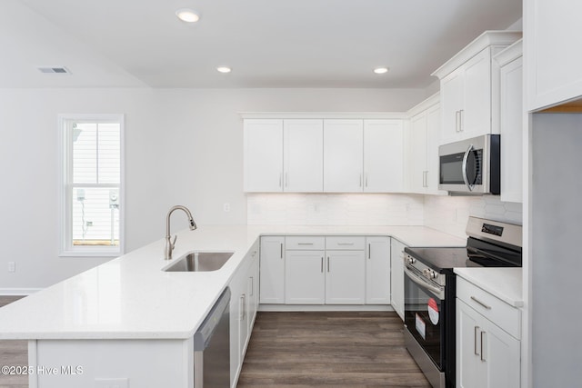 kitchen with stainless steel appliances, white cabinetry, and sink