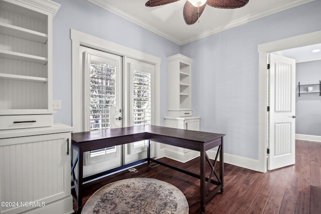 home office with crown molding, baseboards, dark wood finished floors, and ceiling fan