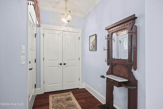 foyer entrance featuring crown molding, a notable chandelier, and dark wood-type flooring