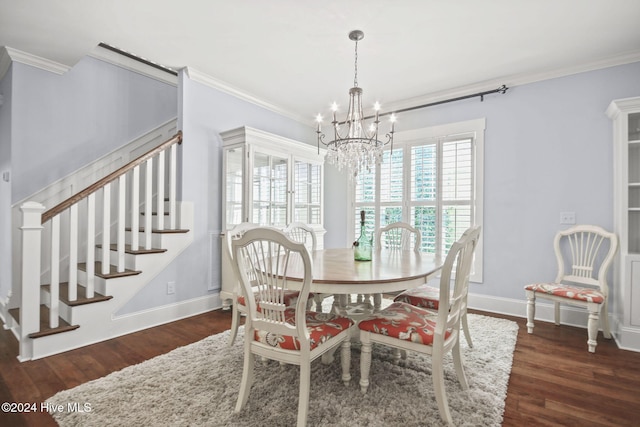 dining area with dark wood finished floors, baseboards, stairs, crown molding, and an inviting chandelier