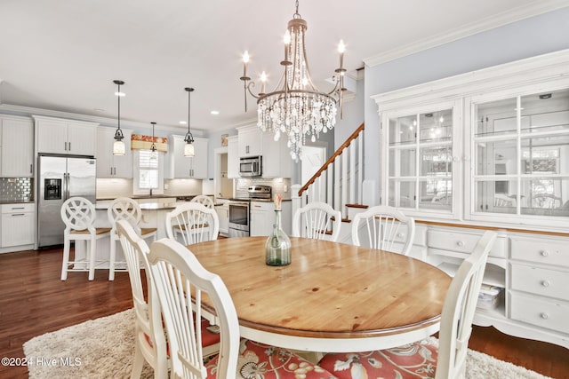 dining room with a chandelier, dark wood-style flooring, stairway, recessed lighting, and crown molding