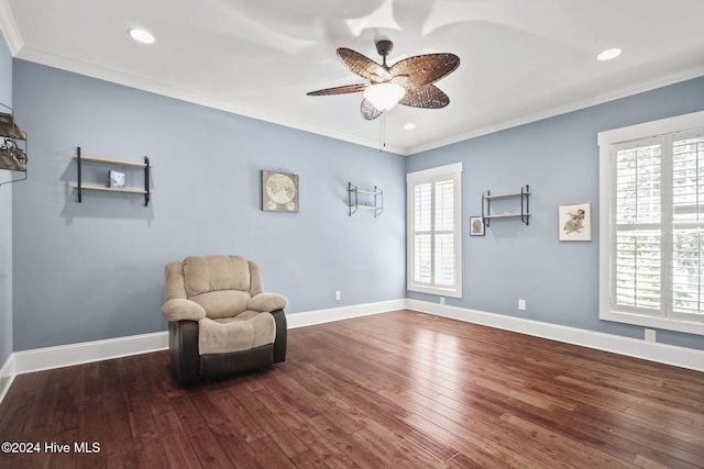 unfurnished room with wood finished floors, recessed lighting, ornamental molding, baseboards, and a ceiling fan