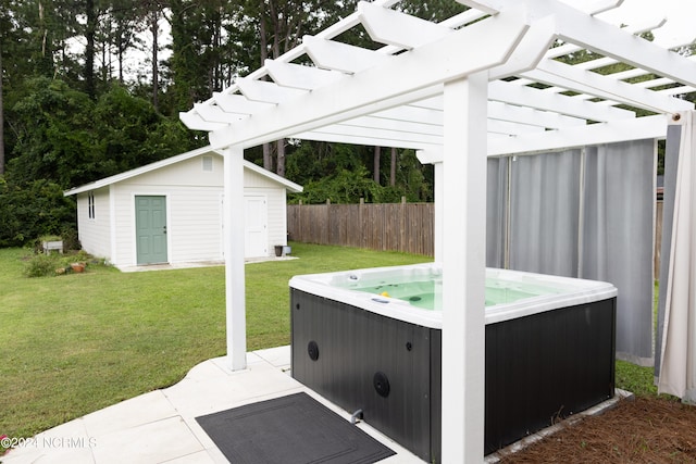 exterior space with a pergola and a hot tub