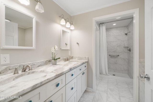 bathroom with ornamental molding, vanity, and a shower with curtain