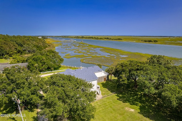 drone / aerial view featuring a water view