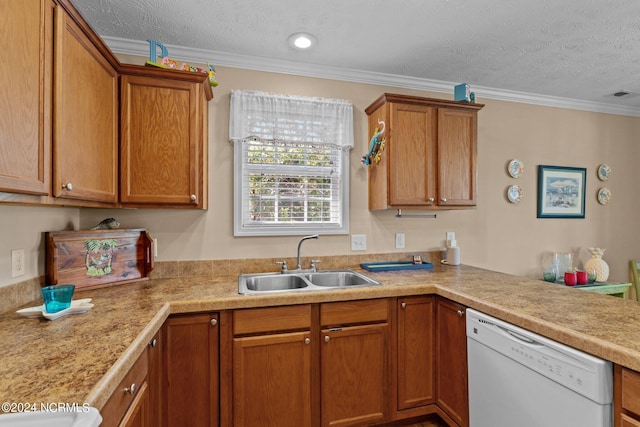 kitchen with white dishwasher, a sink, visible vents, light countertops, and ornamental molding