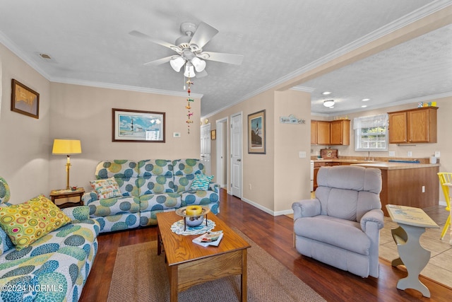 living area featuring dark wood-style floors, a textured ceiling, and crown molding